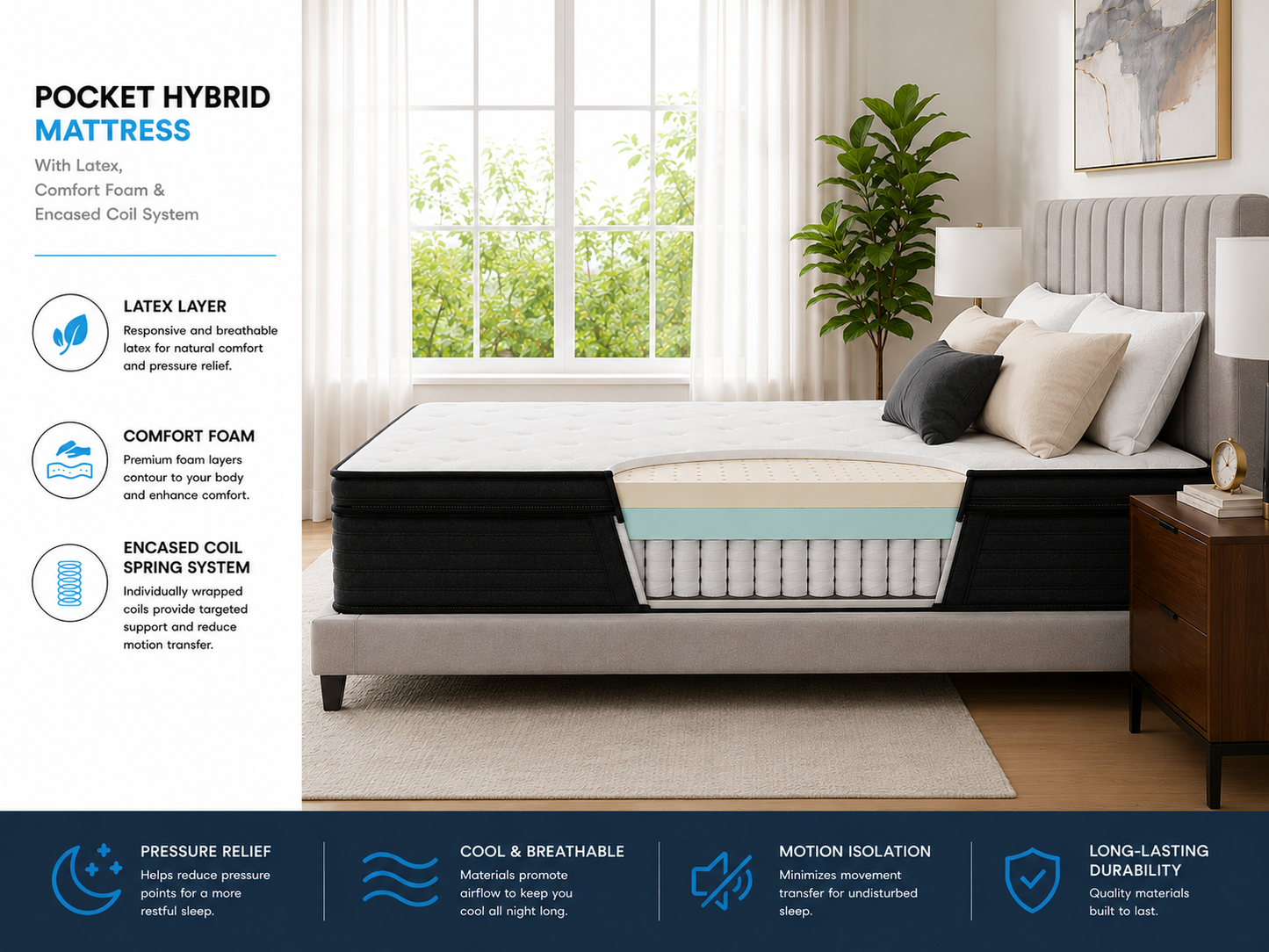 10 Inch - Hybrid Latex Mattress, Luxury Euro Top with Latex Comfort Foam & Individually Wrapped Pocket Coils | Cooling Support, Pressure Relief & Motion Isolation | Mattress in a Box