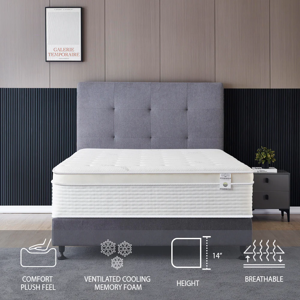 THE SUPER LUX - 14" - "THE COMFORT" Medium Plush - Cool Memory Foam & Spring Hybrid Mattress with Breathable Cover