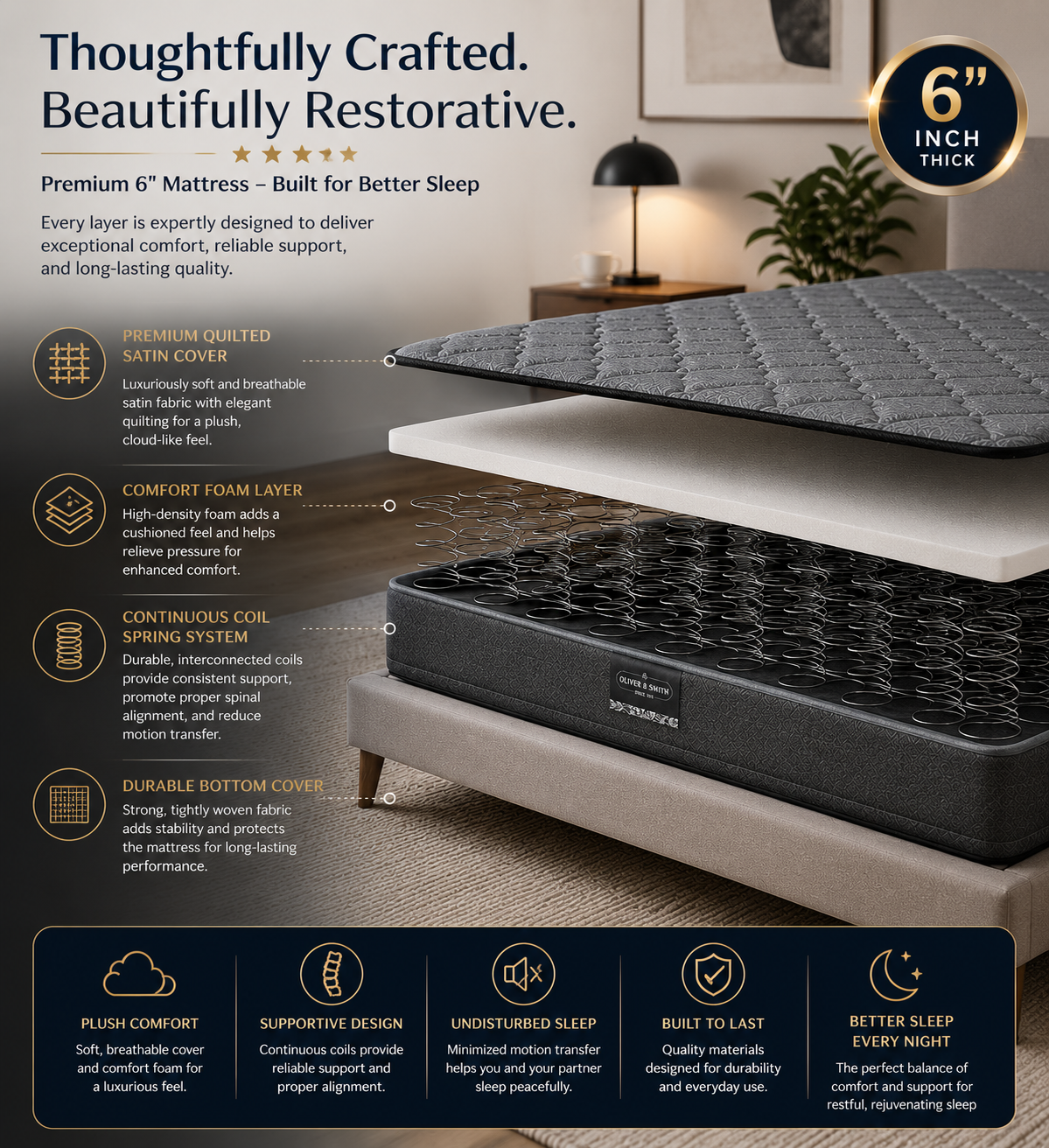 Black 6 Inch Twin Mattress in a Box - Continuous Coil Spring System & High Density Foam | Medium Firm Support | Preassure Relief | Spine Alignment Twin Size 38x75 | For Adults, Teens, Kids Guest Room