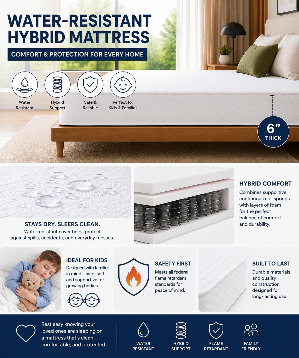Water-Resistant 6-Inch Hybrid Continuous Coil Spring Mattress with Comfort Foam | Euro Tight Top | Breathable & Lightweight | Mattress in a Box | Twin 38" x 75" | Perfect For Kids & Guest Rooms