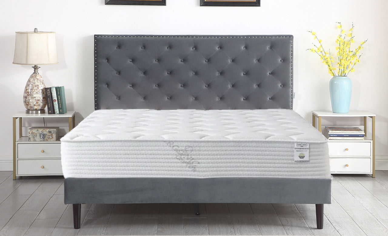 Bundle 3 - The Velour - Hand Tufted Luxury Upholstered Platform Bed & 10" - Pocket Spring and Foam - Organic Cotton Mattress