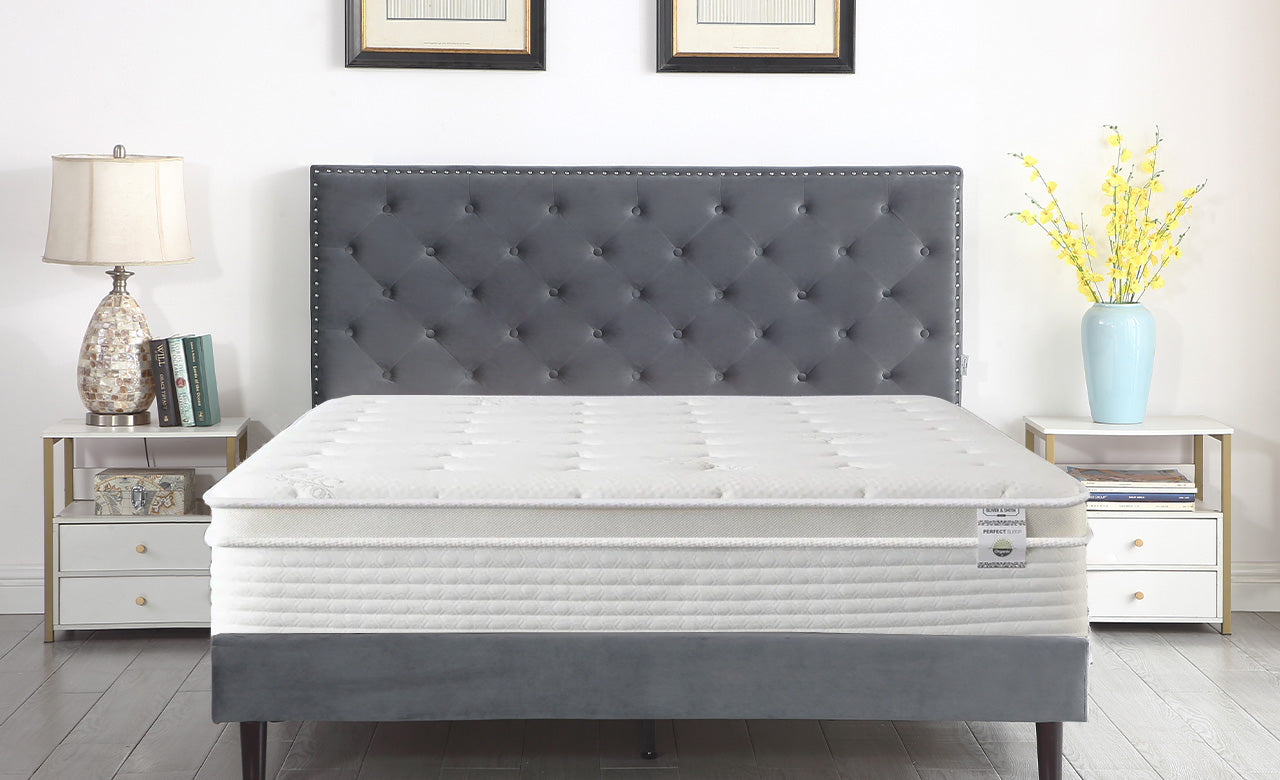 Bundle 2 - The Velour - Hand Tufted Luxury Upholstered Platform Bed & 12" Cool Memory Foam Encased Spring Mattress