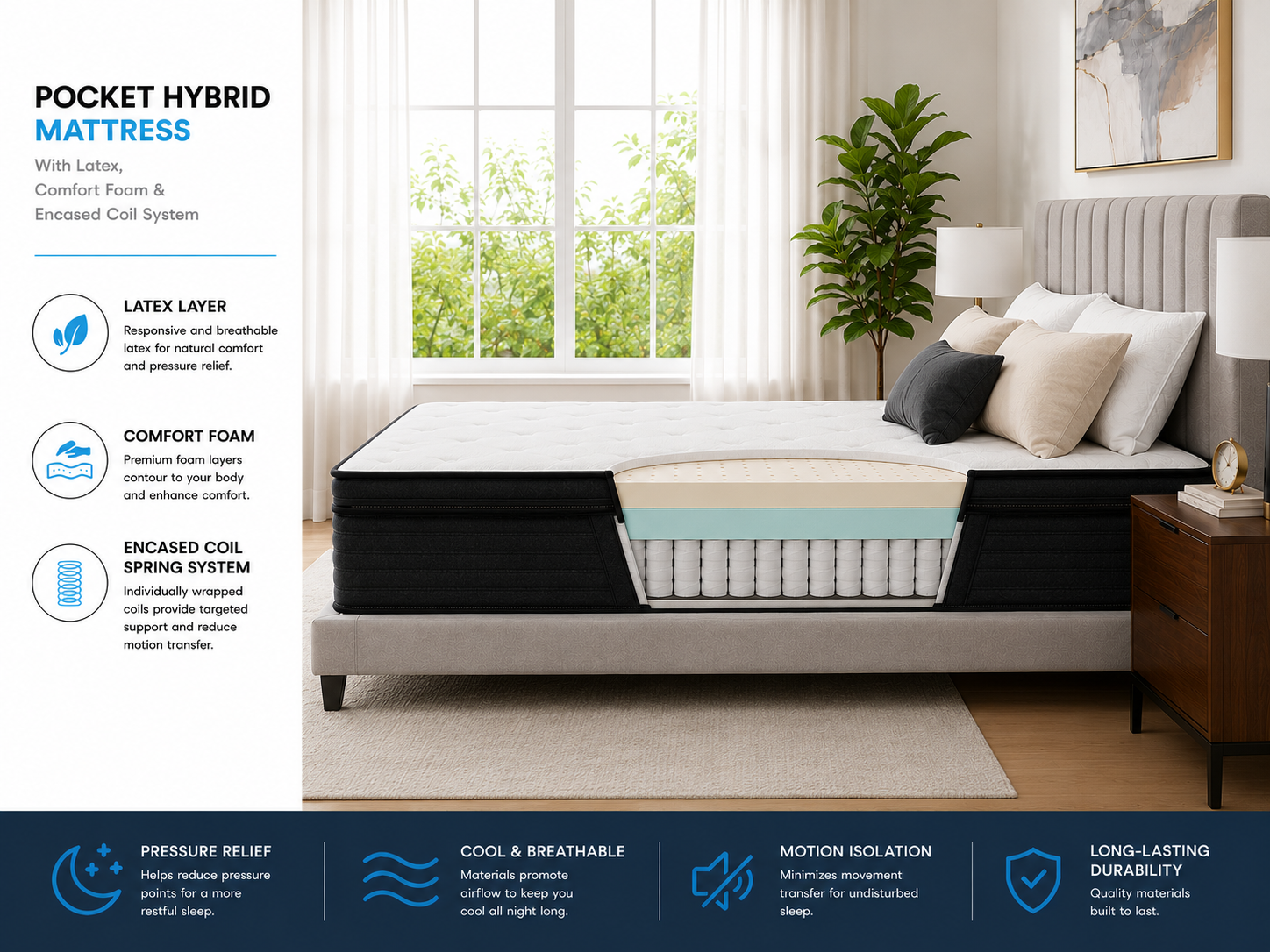 8 Inch - Hybrid Latex Mattress, Luxury Euro Top with Latex Comfort Foam & Individually Wrapped Pocket Coils | Cooling Support, Pressure Relief & Motion Isolation  | Mattress in a Box (Copy)