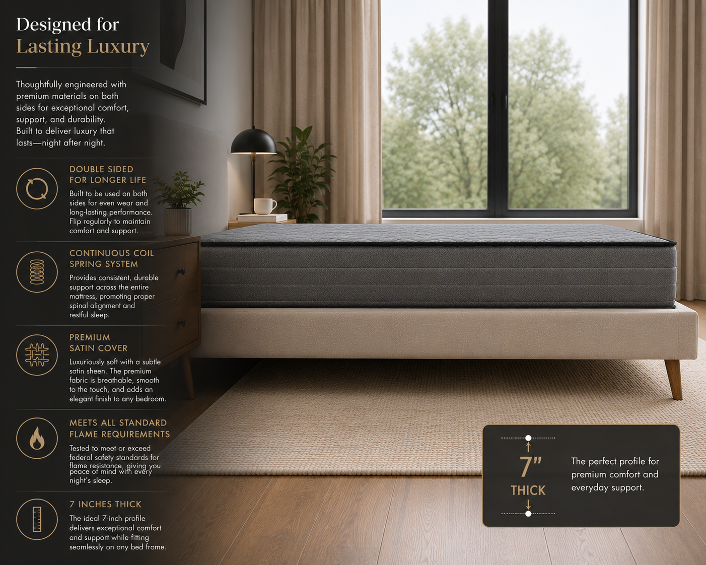 Black 7 Inch Twin Double Sided Mattress - Continuous Coil Spring System & High Density Foam | Medium Firm | Preassure Relief | Spine Alignment | Twin Size 38x75 | For Adults, Teens, Kids Guest Room